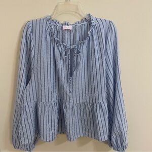 Pink Lily Light Blue Striped Ruffled Blouse Women’s Size XL